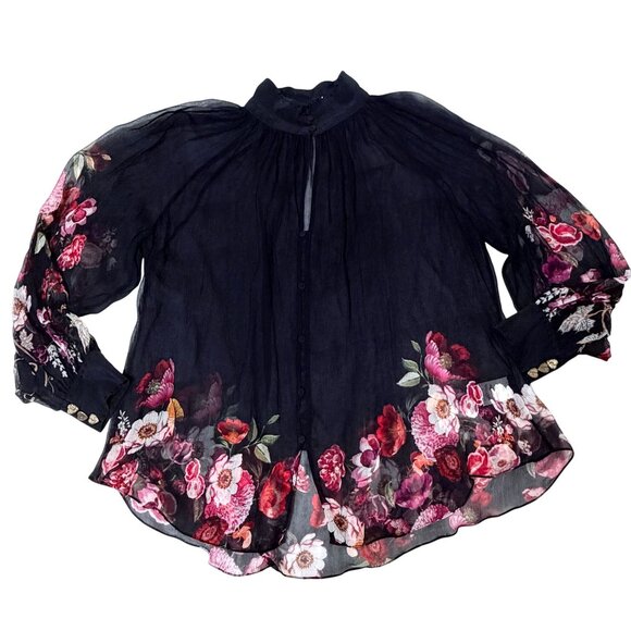 Camilla Mirror Mirror Raglan Button Up Shirt Black Floral Sheer Silk Blouse Sz L - Picture 6 of 16